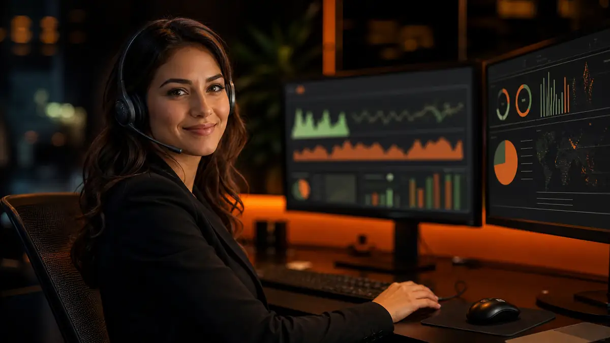 Fairplay customer support agent with headset at a monitoring desk — 24/7 WhatsApp assistance