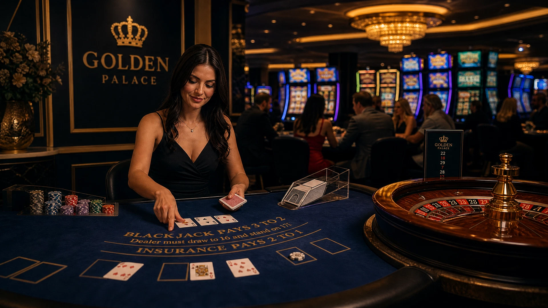 Luxurious live casino with dealer table and roulette wheel