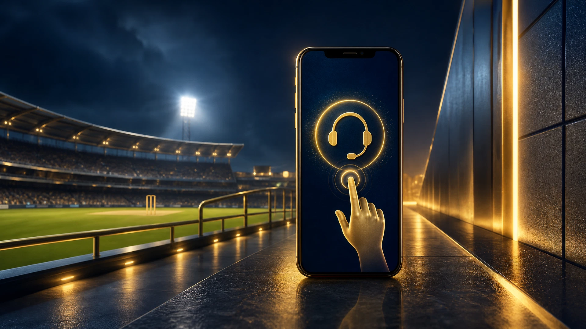 Phone and stadium walkway for FairPlay Cricket Predictions support