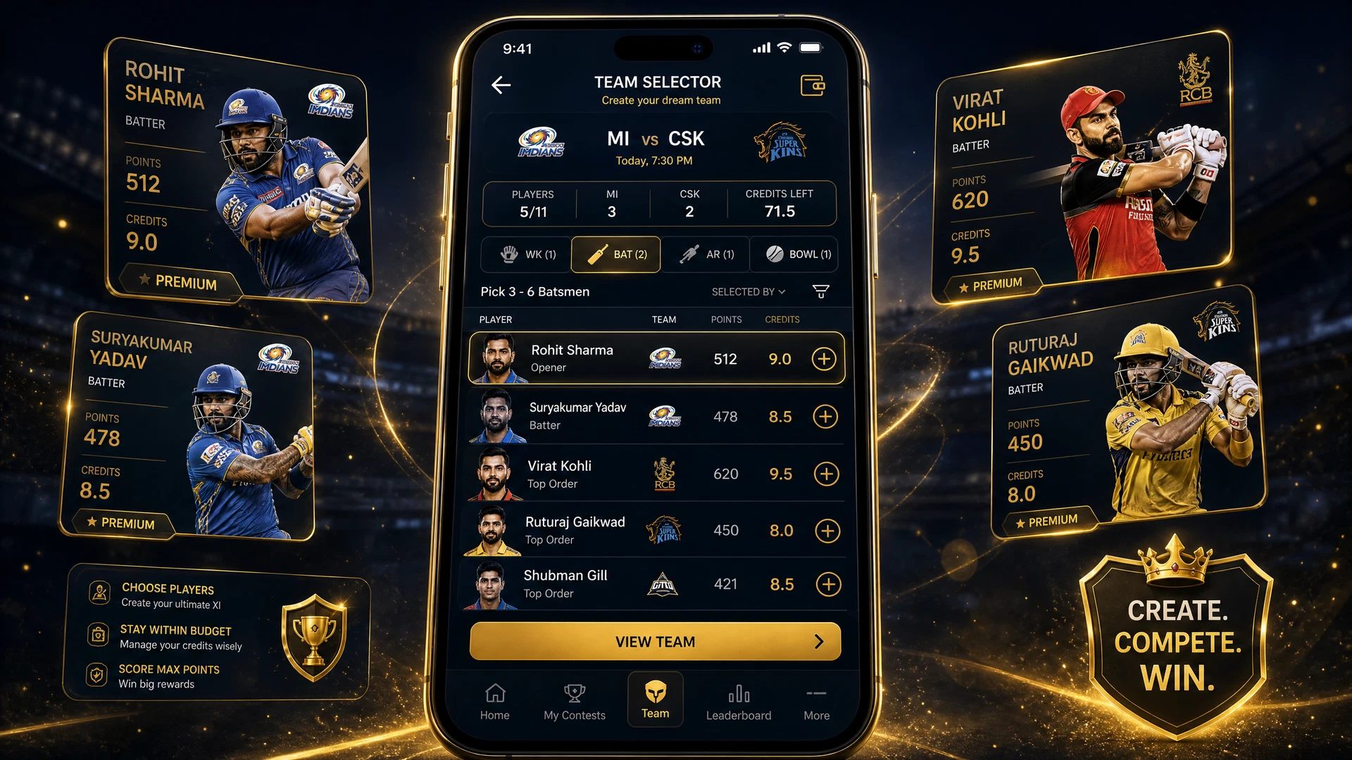 Fantasy cricket team selection interface on smartphone