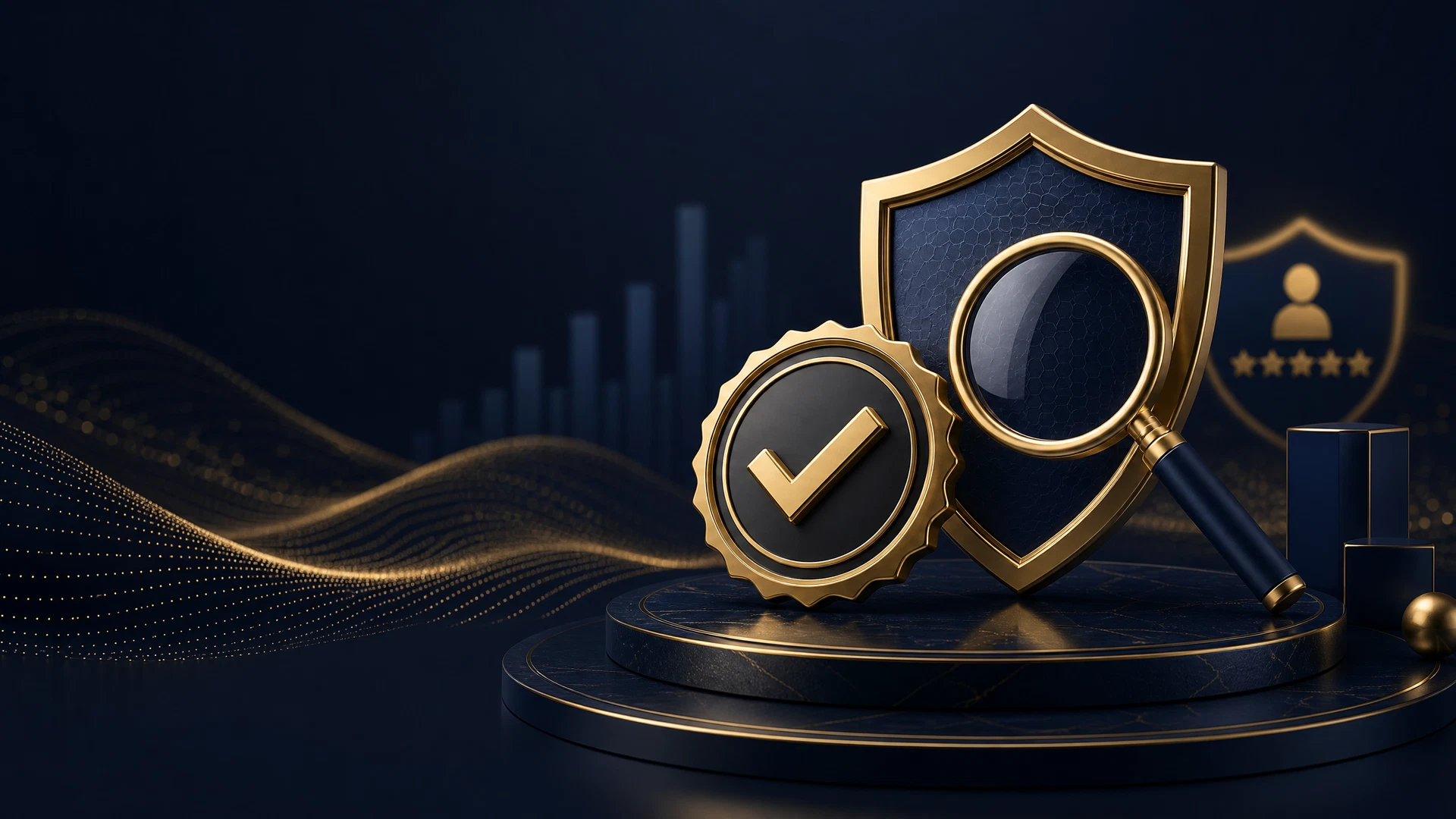 FairPlay Genuine or Fake trust-assessment hero scene with golden verification badge