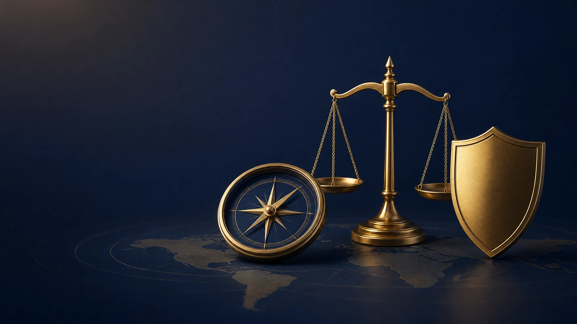 Compass, scales and shield representing eligibility and policy checks