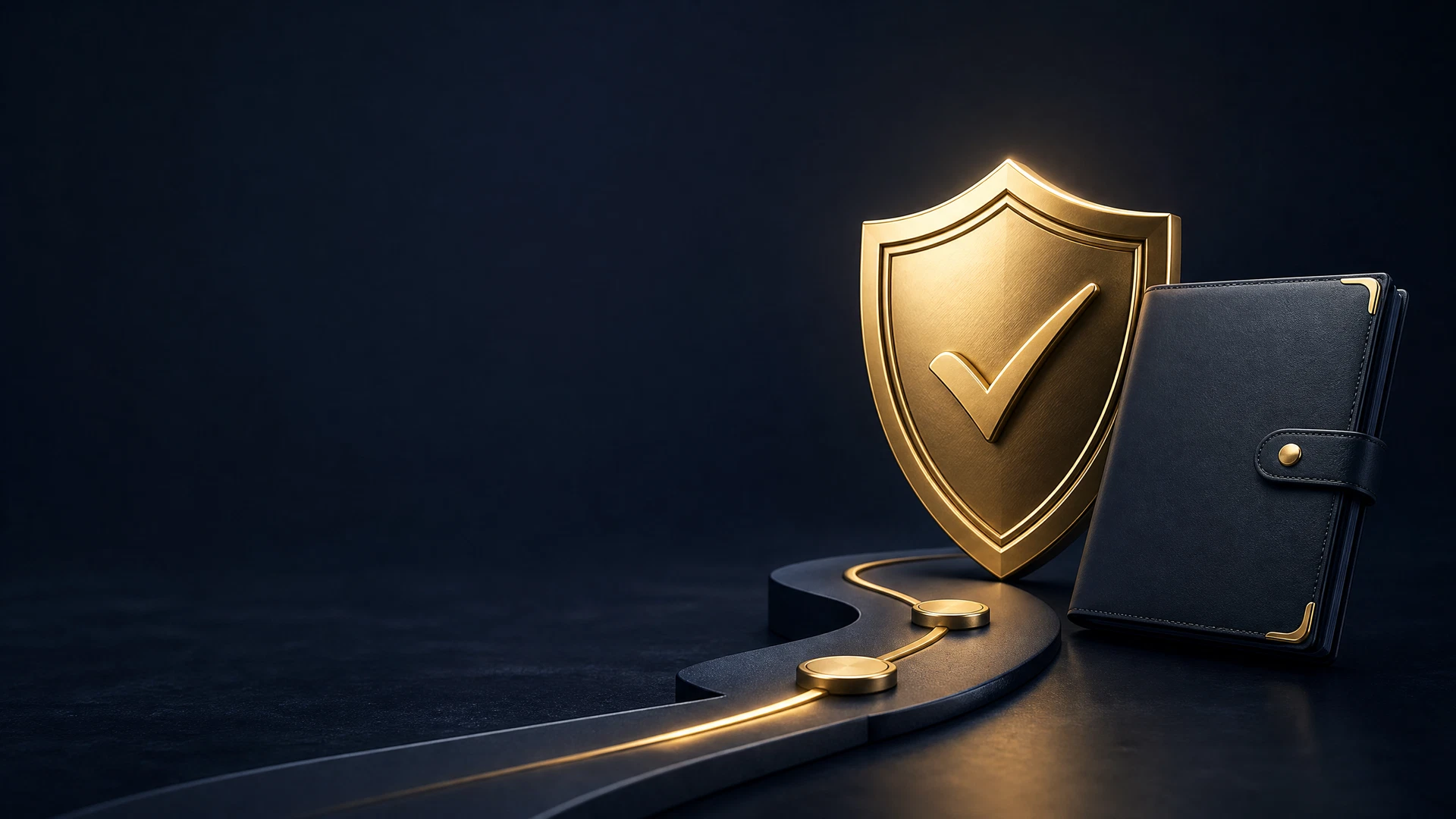 Secure shield and document folio representing an official information next step