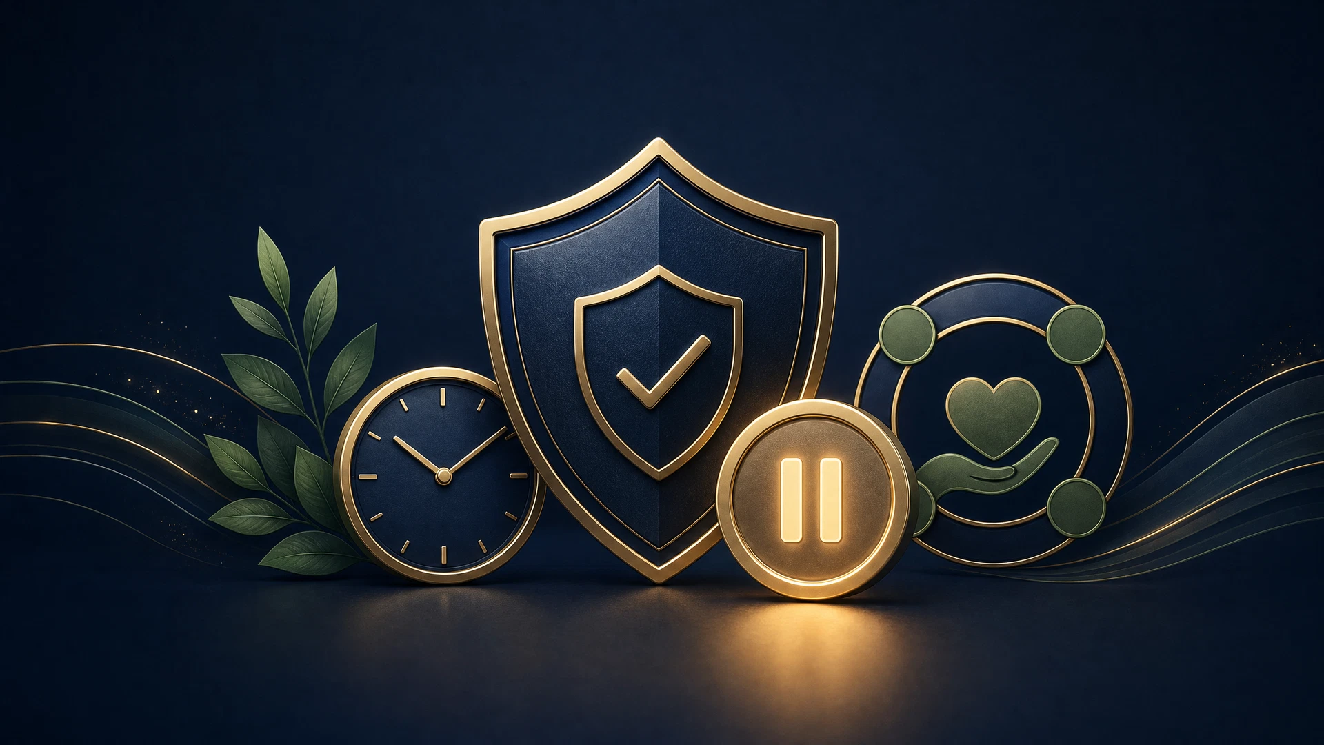 Shield, clock and pause symbol representing a safer-play support choice