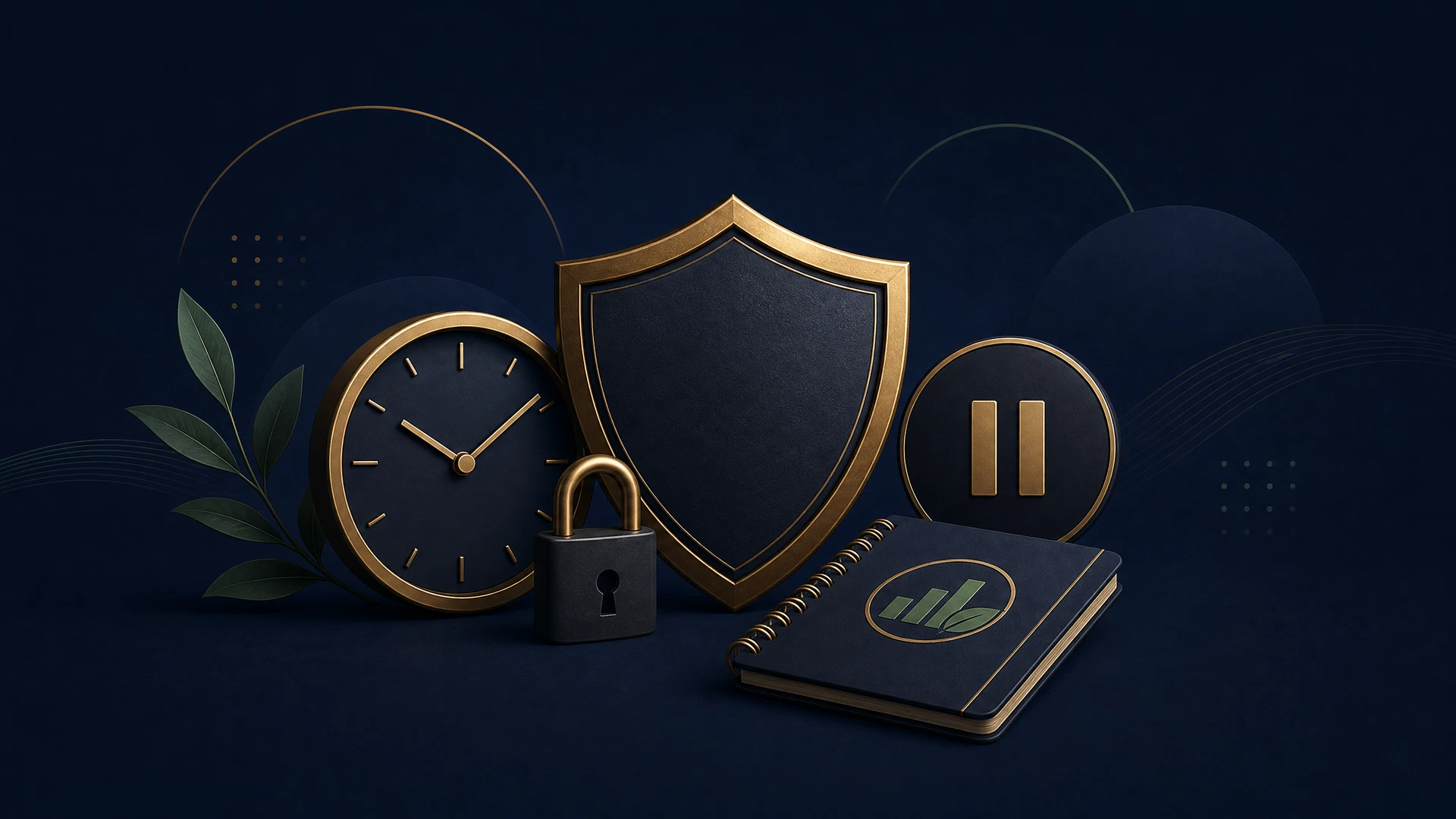 Planner, clock and shield representing safe limits and breaks