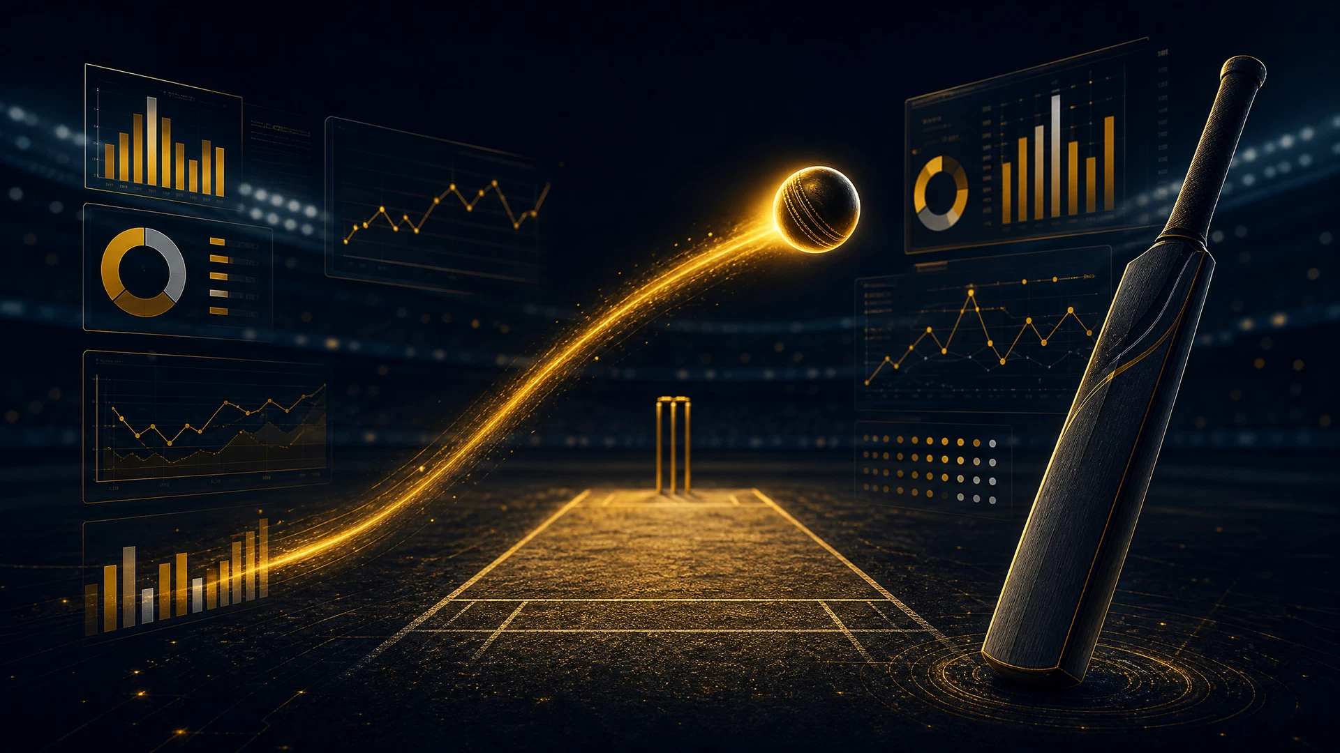 Golden cricket ball trajectory with floating data visualizations over a dark pitch